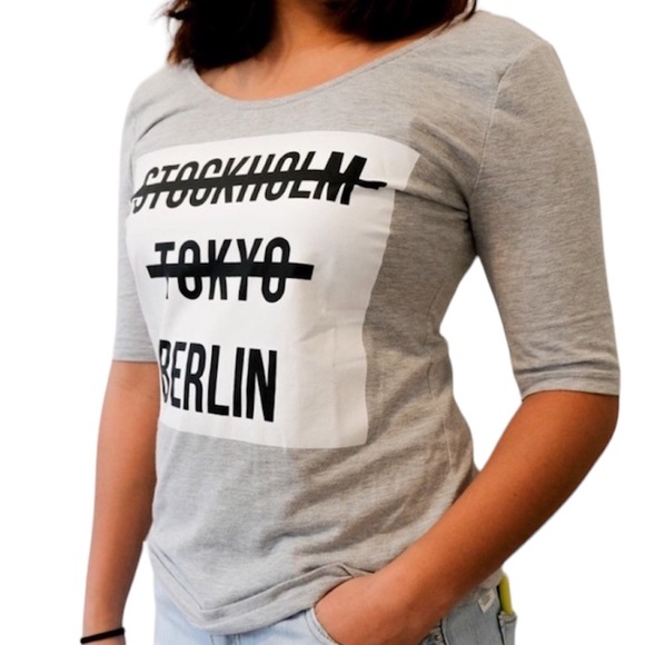 H&M Tops - H&M Gray Cities Graphic Tee Text Stockholm Tokyo Berlin Low Back Scoop Small